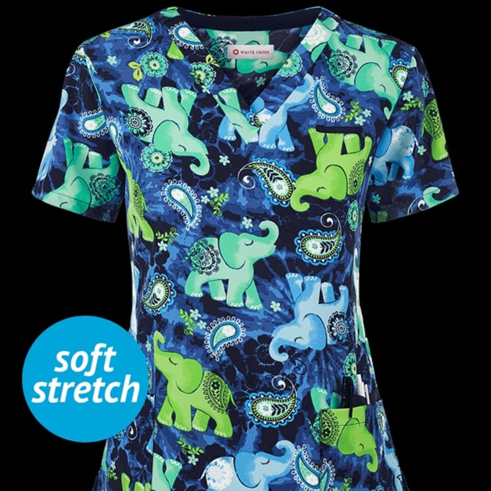 White Cross Elephant Scrub Top